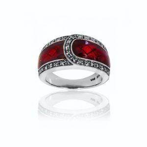 Red Enamel Overlap Ring w/Crosshatch and Marcasite